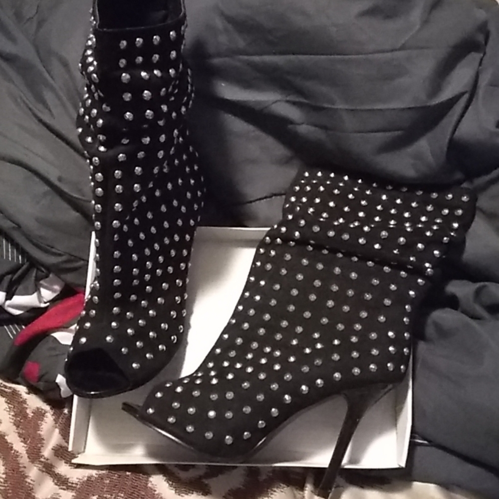 Black studded peep toe booties